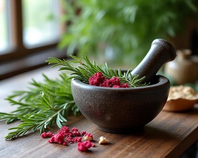 Artistically arranged dried herbs and fresh botanicals on a wooden table