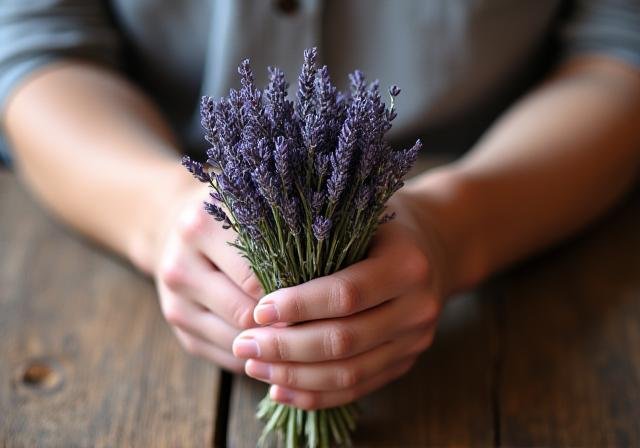 Close up of a practitioner's hands holding fresh sage and lavender