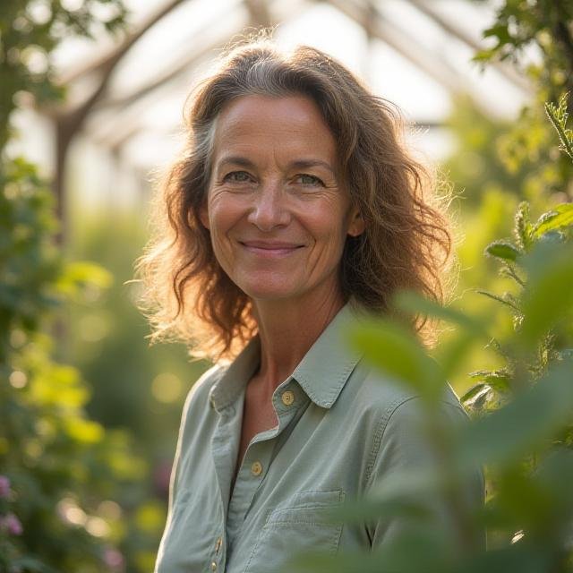 Founder of HerbaVive Coaching in a serene botanical setting