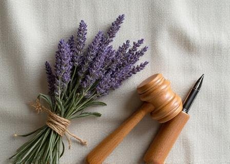Close-up of dried herbs and a wooden gavel symbolizing natural ethics and legal clarity