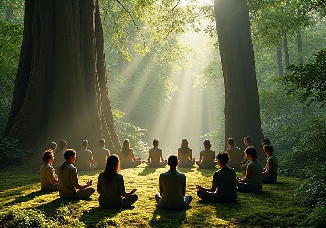 Group of people meditating in a lush green forest
